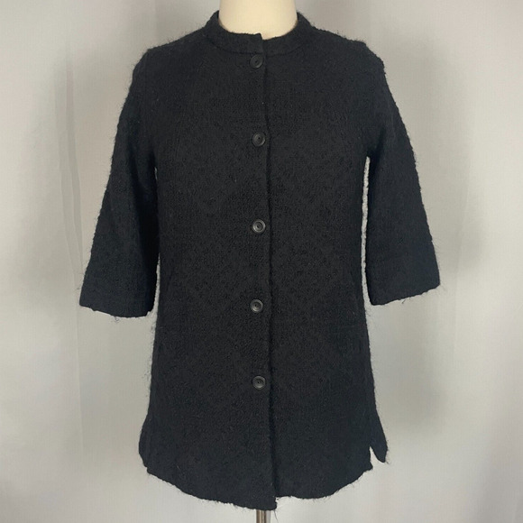 Eileen Fisher Swing Coat Size Large Textured Black Wool Silk Lined 3/4 Sleeve - Picture 1 of 13